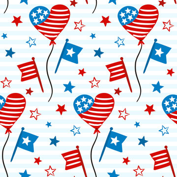 Seamless doodle pattern for Independence Day USA. Background of hand-drawn elements for July 4th in the national colors of the United States of America. Vector illustration for a festive decoration.