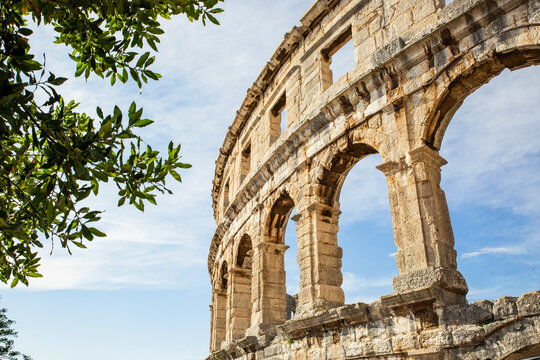 Croatia, Istria County, Pula, Exterior of Pula Arena amphitheater