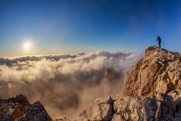 High view of the mountains and view down to the sea, mountains and sunset