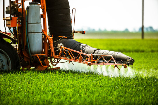 Crop sprayer sprinkling fertilizer on agricultural field