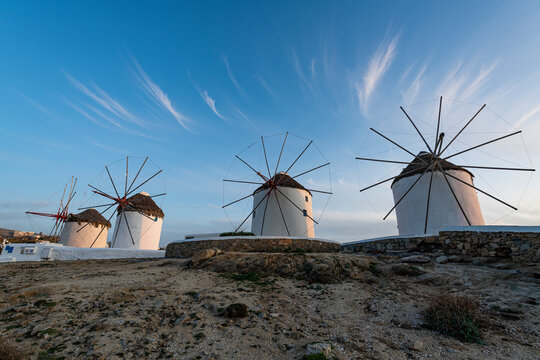Greece, Mykonos, Horta, Row of windmills