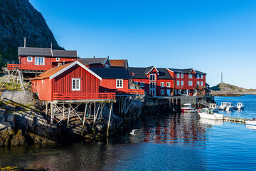 Red houses under blue sky at Lofoten, Norway