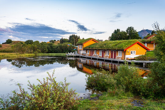 Norway, Vega Archipelago, Overgrown house reflecting in little pond