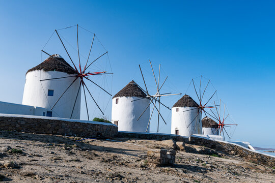 Greece, Mykonos, Horta, Row of windmills