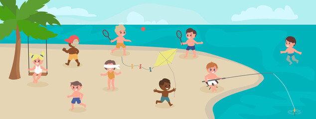 happy children playing t the beach cartoon illustration. Summer vector illustration.