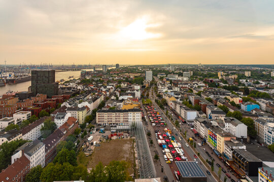 View of St. Pauli at dusk, Hamburg, Germany