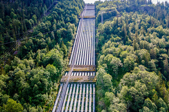 Norway, Telemark, Rjukan, Aerial view of water pipelines of Unesco world heritage Industrial site Rjukan Notodden