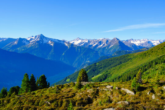 View over Zillertal Alps, Ziller valley, Tyrol, Austria