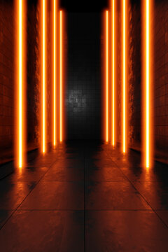 Three dimensional render of dark interior illuminated by orange glowing columns