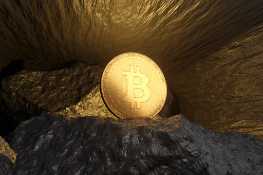 Three dimensional render of Bitcoin shining inside mine