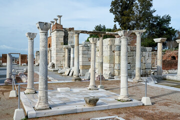 Turkey, Izmir Province, Selcuk, Columns in ancient ruins of Basilica of Saint John
