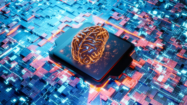 Three dimensional render of human brain on glowing circuit board