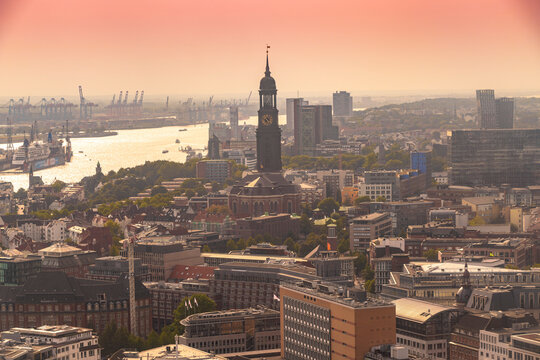 Cityscape with St. Michaelis Churchand St. Pauli, Hamburg, Germany