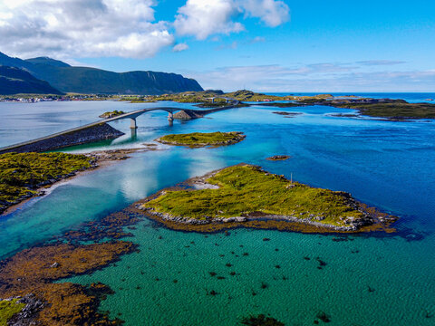 Norway, Nordland, Ramberg, Aerial view of Fredvang Bridges connecting Moskenesoya and Flakstadoya islands