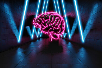 Three dimensional render of human brain glowing in dark futuristic corridor illuminated by blue neon lights