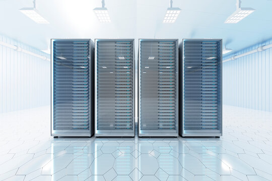 Three dimensional render of server racks standing inside illuminated server room