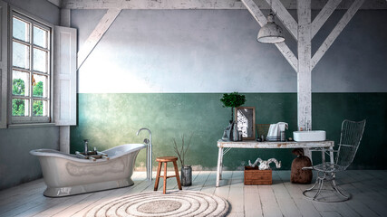 Three dimensional render of interior of rustic bathroom