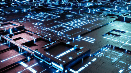 Three dimensional render of blue glowing circuit board