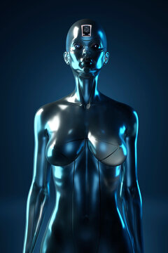 Portrait of metallic gynoid standing against dark background