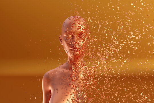 3D illustration of female character dissolving into pieces