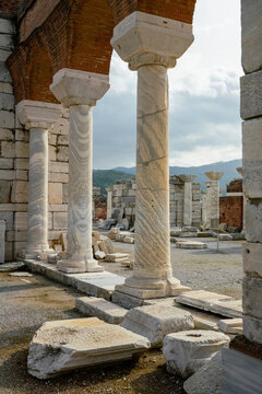 Turkey, Izmir Province, Selcuk, Columns in ancient ruins of Basilica of Saint John