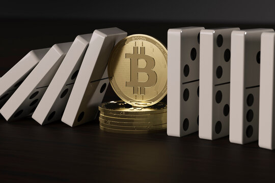 CGI concept of decentralized finance bitcoin stopping aligned domino blocks from falling
