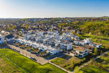 Germany, Baden-Wurttemberg, Waiblingen, Aerial view of modern suburb with energy efficient single and multi family houses