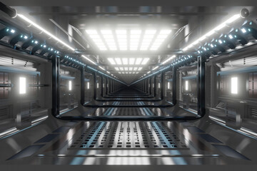 Three dimensional render of futuristic corridor inside spaceship or space station