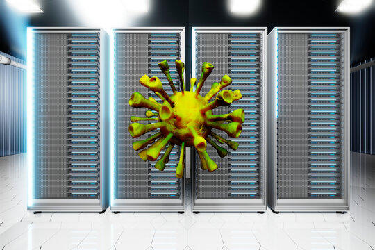 Three dimensional render of large virus cell floating in front of network server towers standing in server room