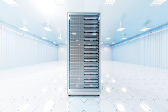 Three dimensional render of network server tower standing inside brightly lit server room