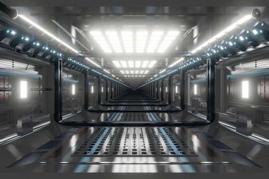Three dimensional render of futuristic corridor inside spaceship or space station