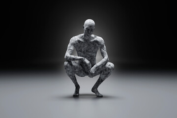 Three dimensional render of concrete man crouching against dark background