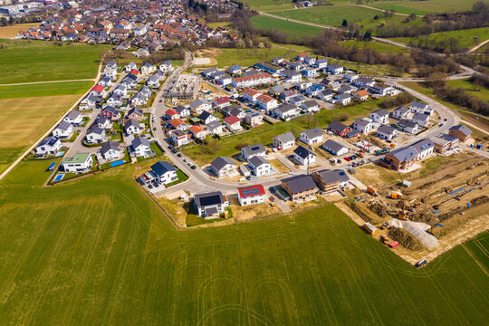 Germany, Baden Wurttemberg, Sussen, Aerial view of modern residential district with photovoltaic system