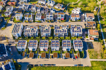 Germany, Baden-Wurttemberg, Waiblingen, Aerial view of modern suburb with energy efficient single and multi family houses