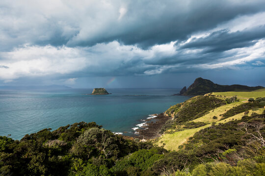 Storm clouds gathering over coastline of Coromandel Peninsula