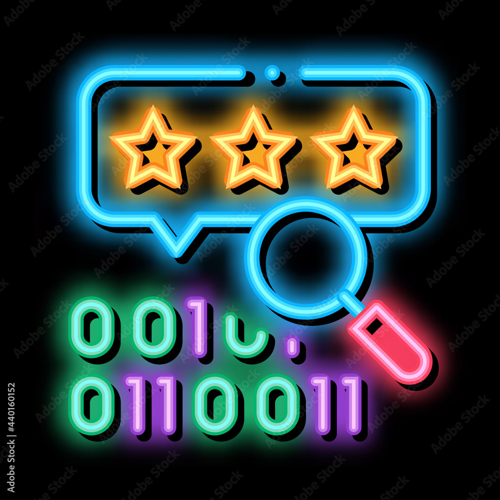 Poster binary code research and assessment neon light sign vector. glowing bright icon binary code research