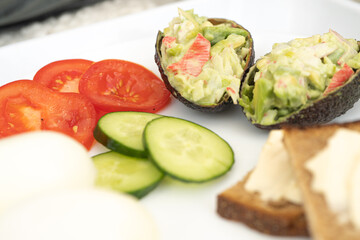 Vegetables Tomatoes Cucumbers Avocado Egg Salad Serving White Plate Morning Breakfast Proper nutrition