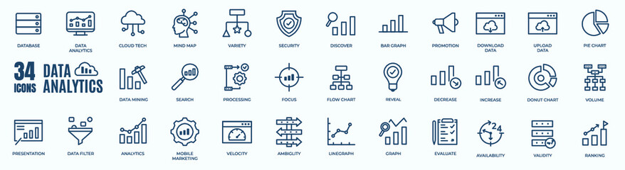 Editable line of big data analysis, statistics, analytics - minimal thin line web icon set. Outline icons collection. Simple vector illustration