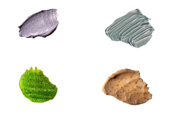 Set of cosmetic products on an isolated background. Different colored skincare product smear smudge sample collection.