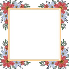 set floral watercolor of red and blue in gold square frame for wedding card