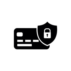 The bank card is protected. The icon of a bank card and a shield with a closed lock. Secure payments and online financial transactions. Vector solid black icon isolated on a white background