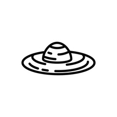 A straw hat. Women's beach accessory. A farmer's hat. Protect your head from the sun. Simple vector icon for web design. The element for the logo. Black outline isolated on a white background