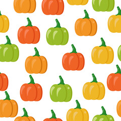 Bright multicolored pumpkins seamless pattern, juicy vegetables on a white background