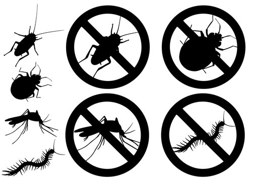 Insect pests in the prohibition sign in the set. Vector image.