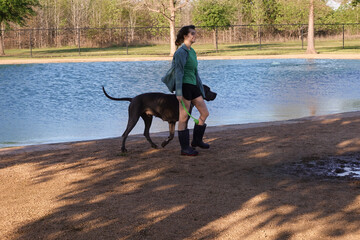 dog park, girl with dog, great dane, pond, water, dog fetching