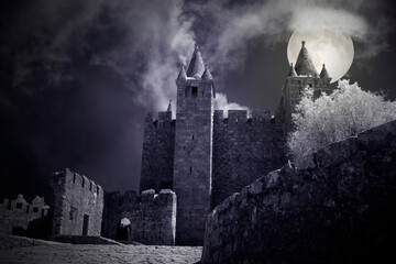 Castle in a foggy full moon night