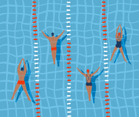Swimmers are swimming in swimming pool, top view flat vector illustration. - obrazy, fototapety, plakaty