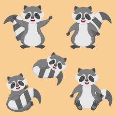 Set of cartoon raccoon characters. Cute cartoon raccoon.