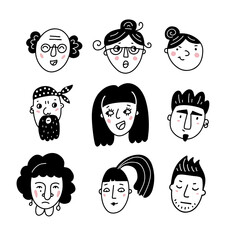 Male and female different funny faces hand drawn in doodle style. Simple vector illustration.