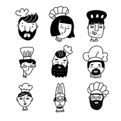 Set of chef cooks cartoon faces handdrawn in doodle style. Male and female characters in in a chef's hat. Simple vector illustration.